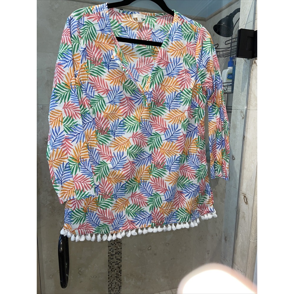 TALBOTS red Pink Green White Pompom Hem Cotton Tunic Palm Floral Print shirt S